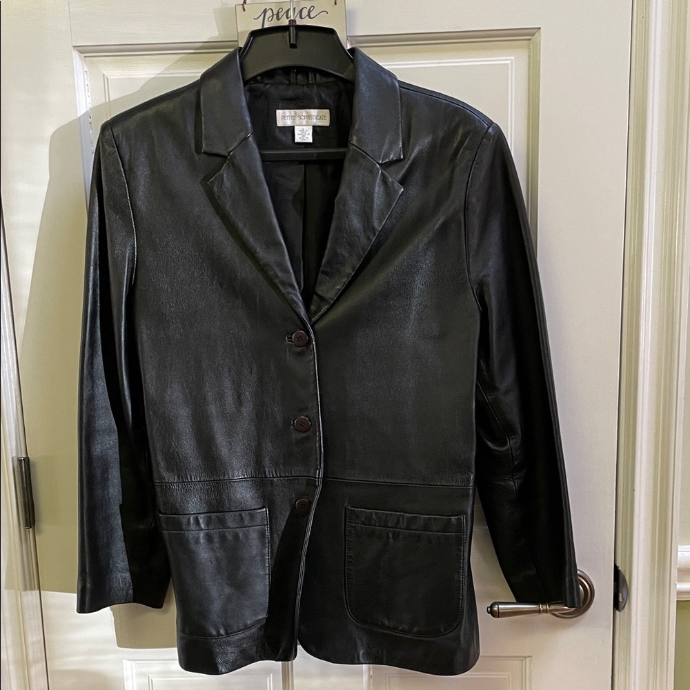 Petite Sophisticate Black Leather Blazer/Jacket  Button Front Size L